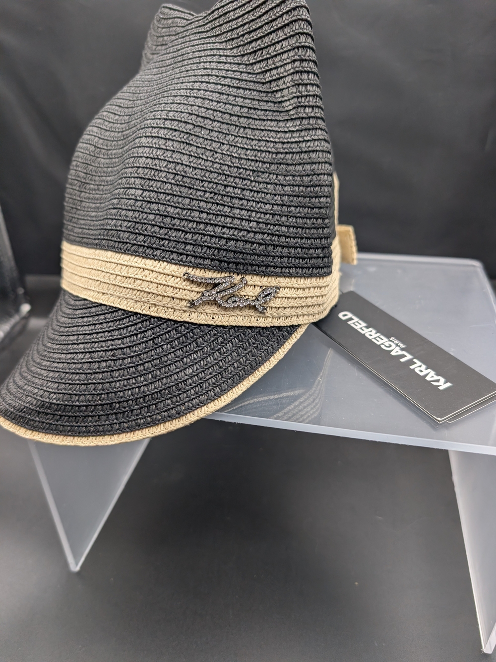 Karl Lagerfeld Black & Beige Woven Visor Hat with Logo